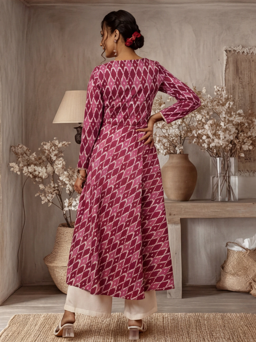 Purple Ikat Printed Angrakha Kurta
