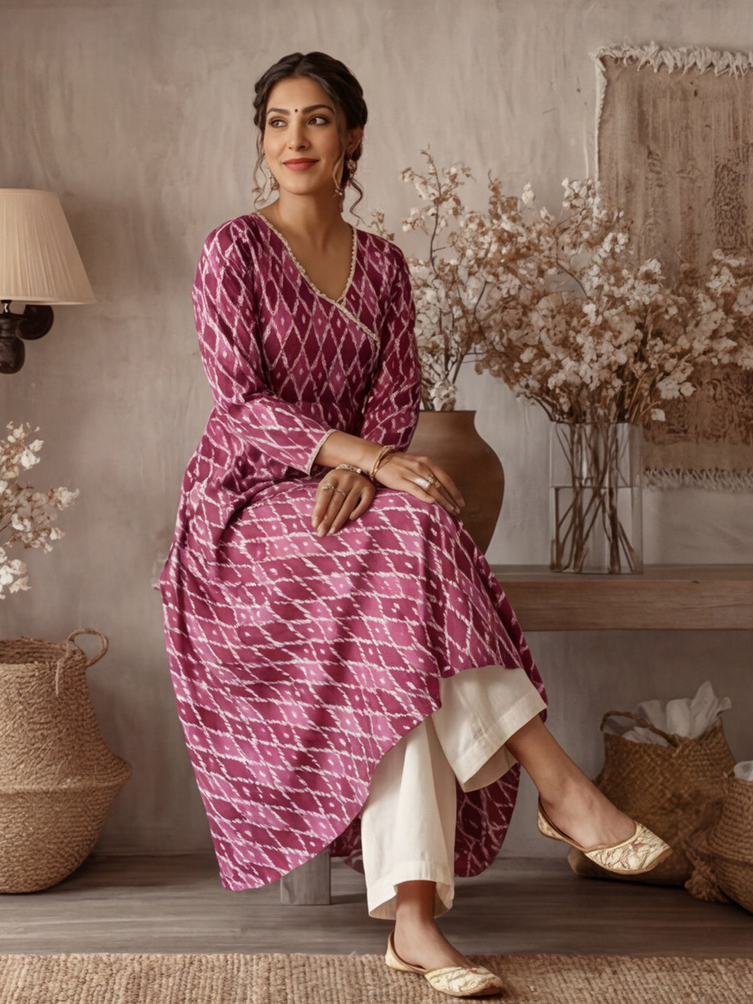 Purple Ikat Printed Angrakha Kurta