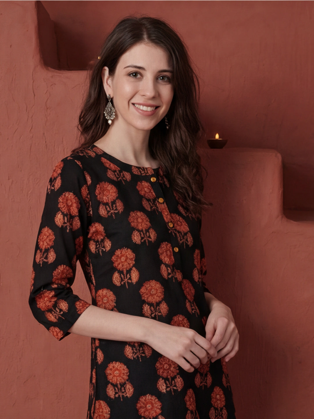Ethnic Print Straight Cotton Short Kurta with Pyjamas