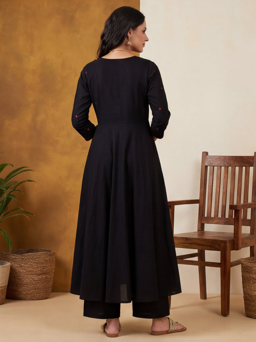 Solid Embroidered Flared Kurta & Trousers Sets