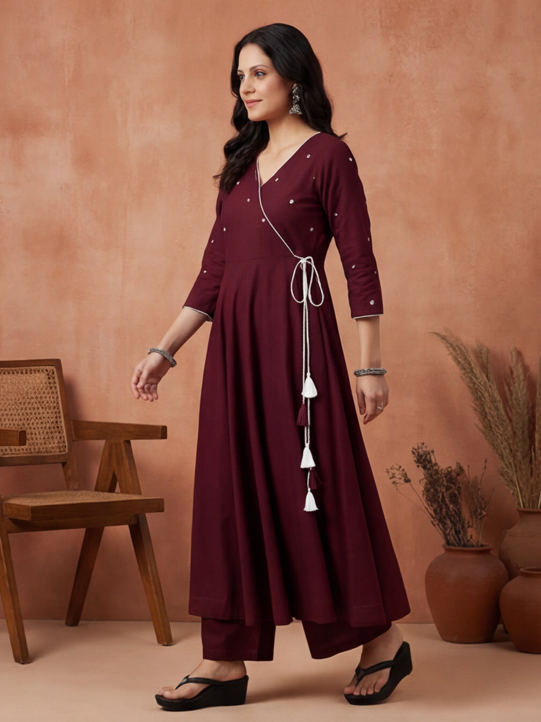 Solid Embroidered Flared Kurta & Trousers Sets