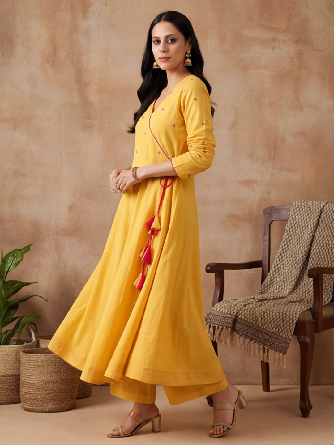 Solid Embroidered Flared Kurta & Trousers Sets