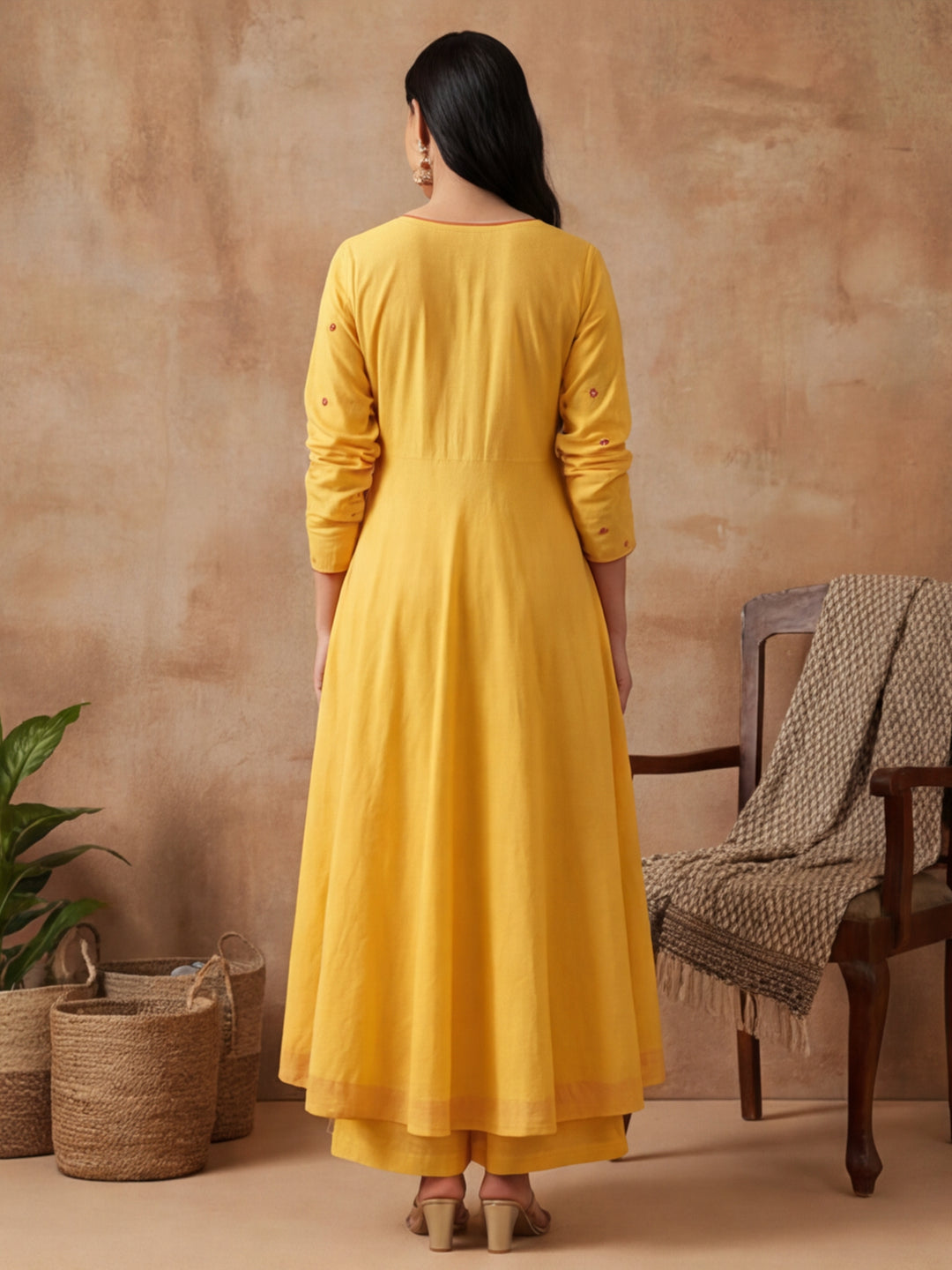 Solid Embroidered Flared Kurta & Trousers Sets