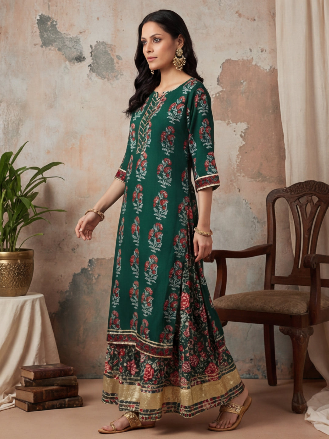 Floral Embroidered Straight Kurta & Skirt Sets