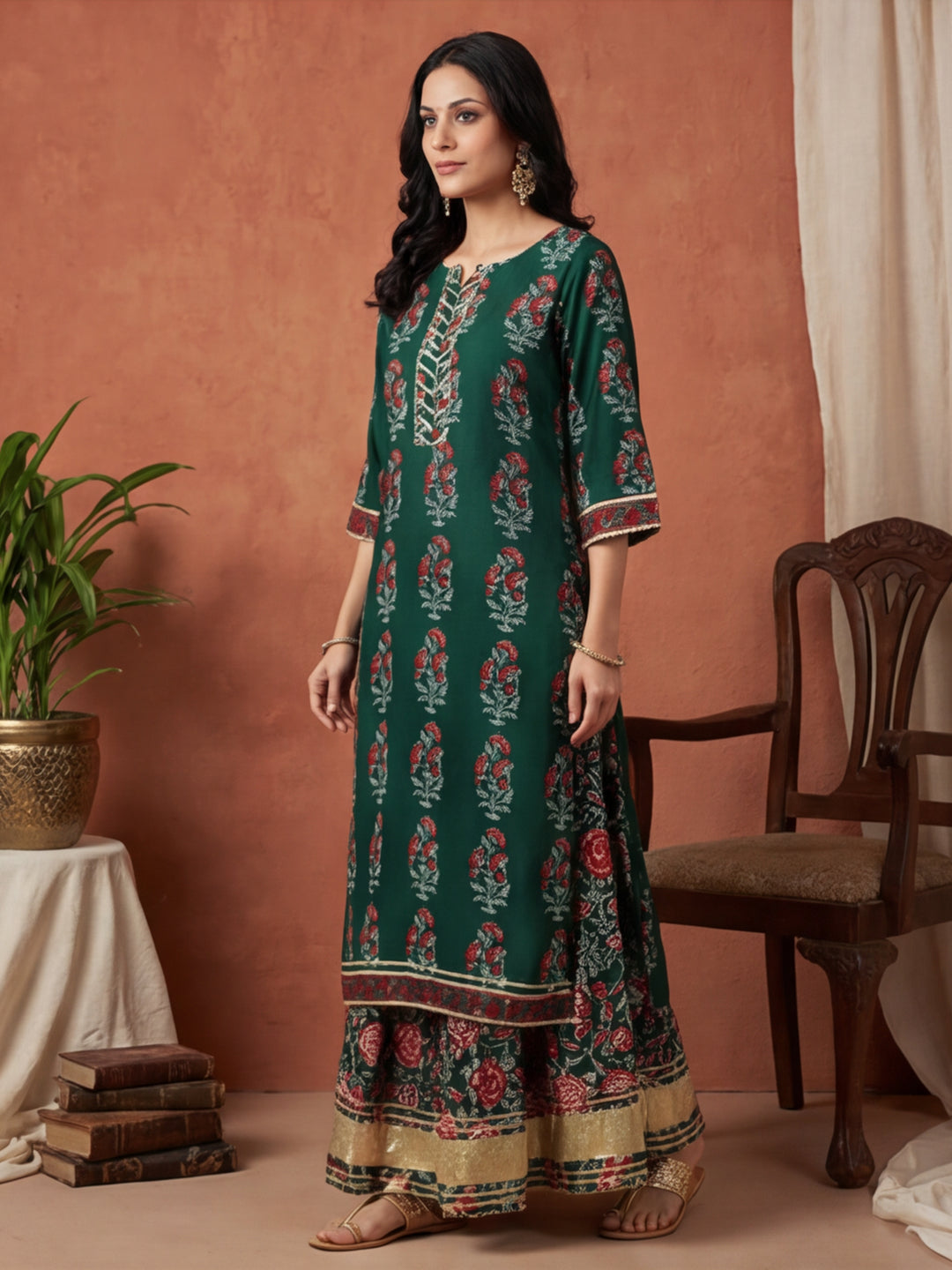 Floral Embroidered Straight Kurta & Skirt Sets