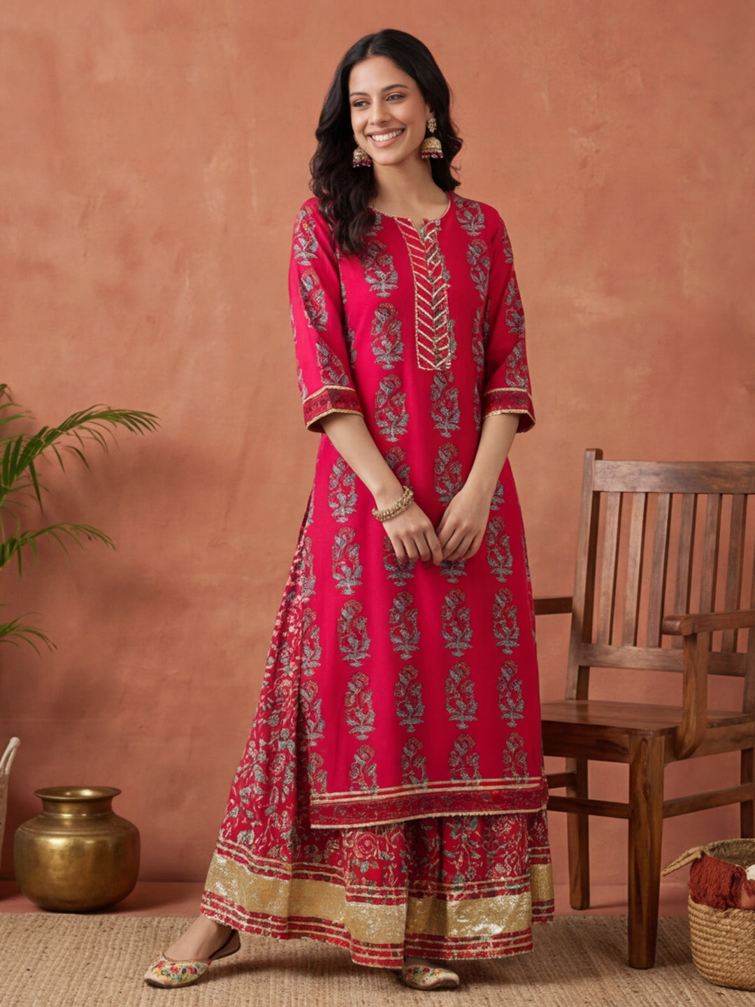 Floral Embroidered Straight Kurta & Skirt Sets