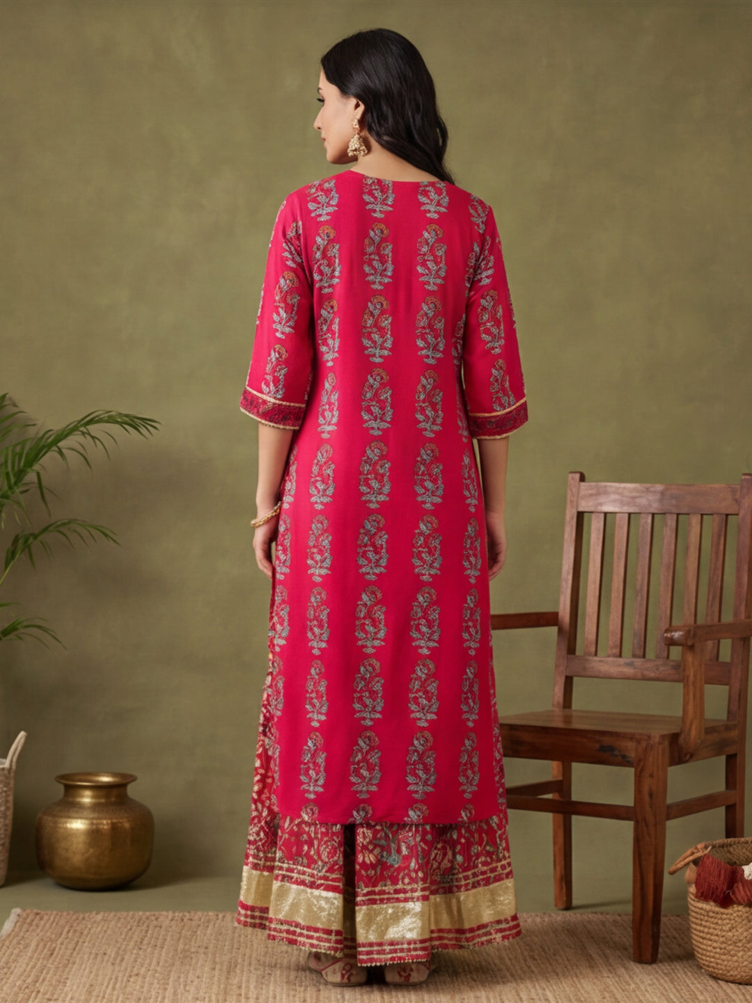 Floral Embroidered Straight Kurta & Skirt Sets