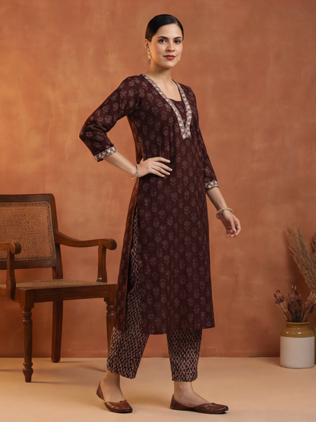 Floral Embroidered Straight Kurta & Trousers Sets