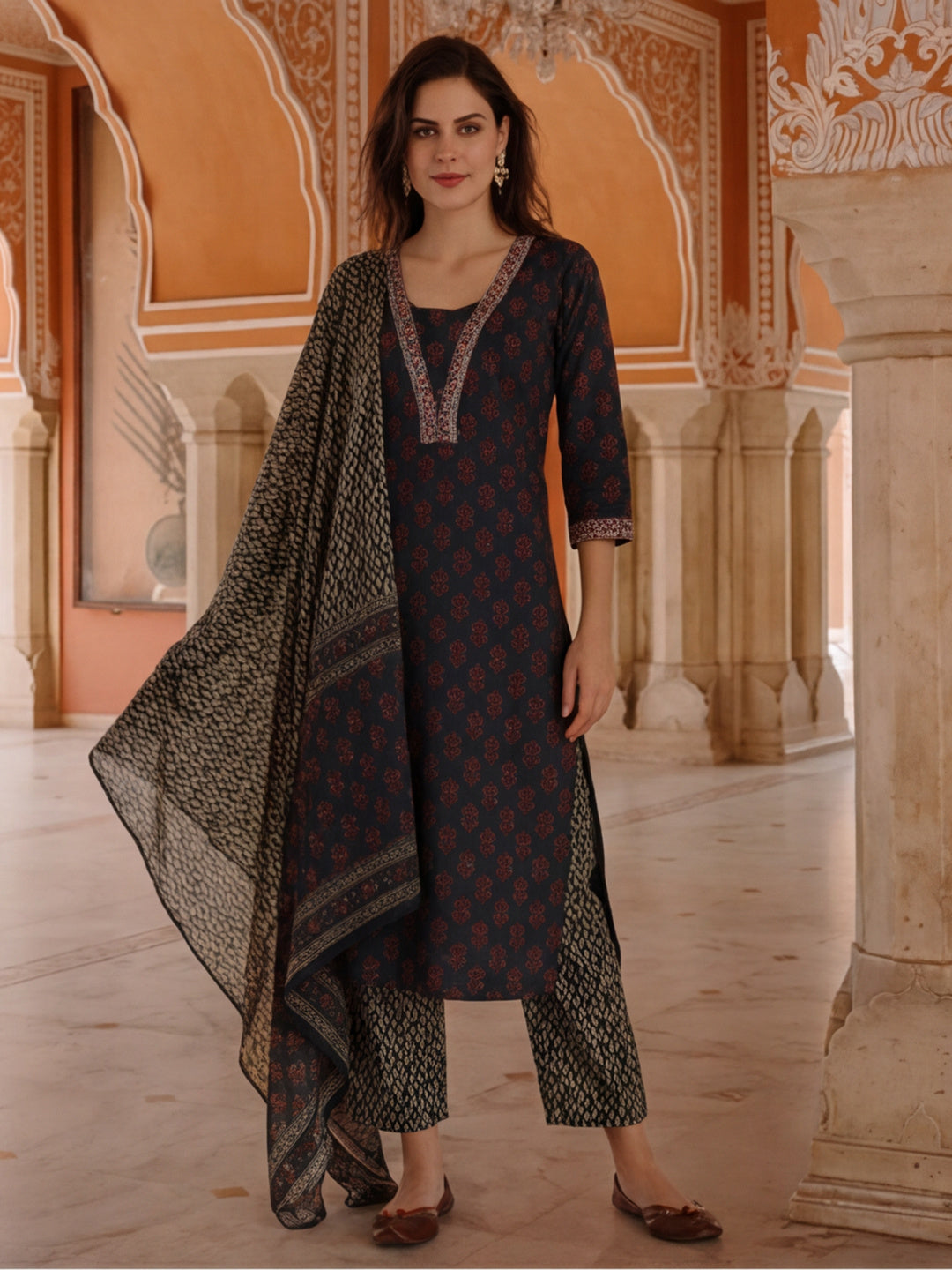 Embroidered Pure Cotton Floral Kurta Sets With Dupatta