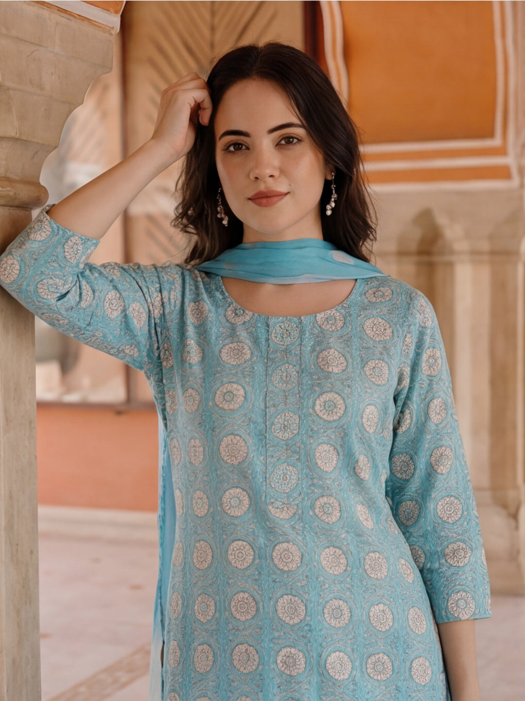 Floral Printed Pure Cotton Kurta Set With Dupatta