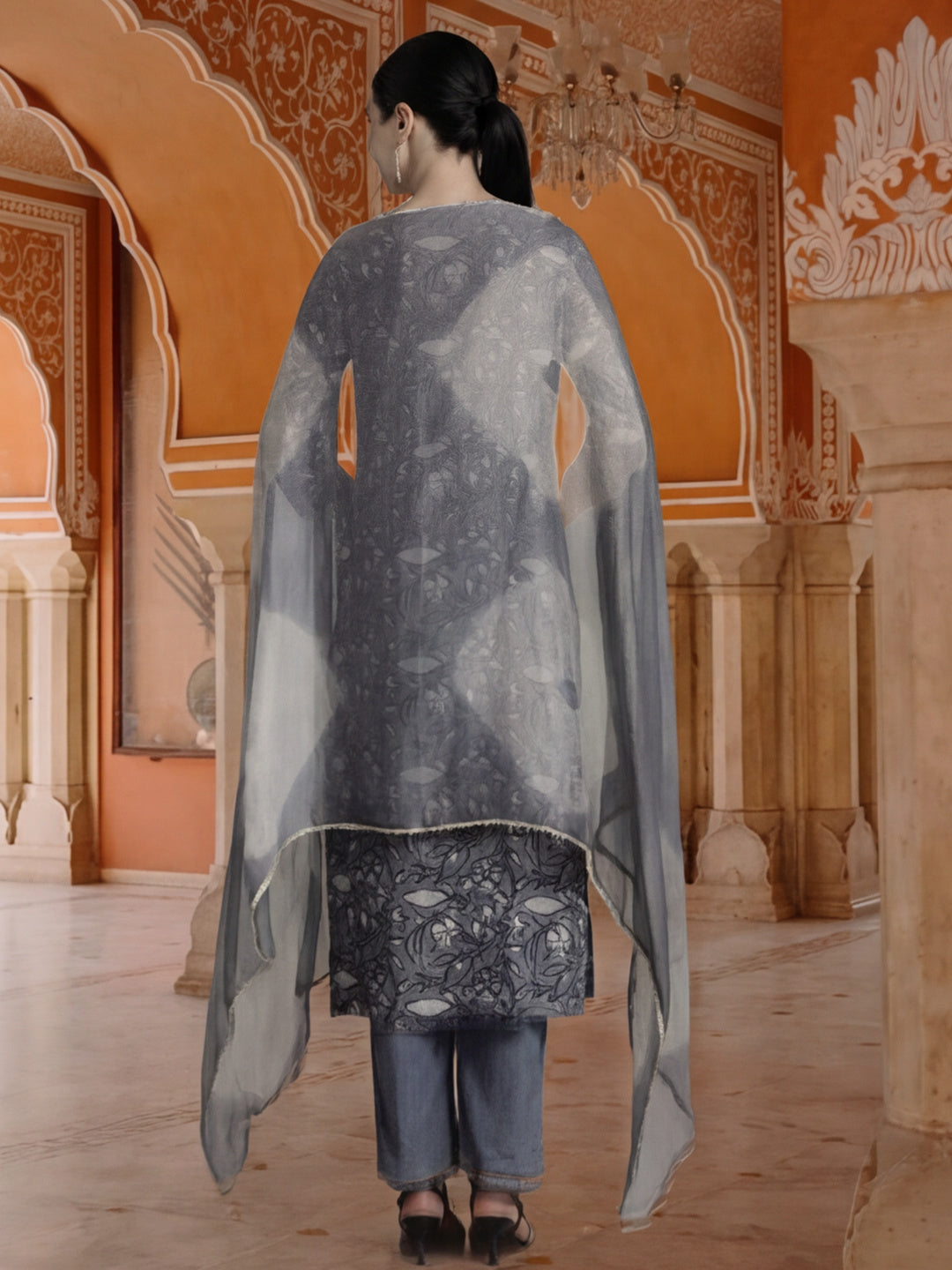 Ethnic Printed Kurta Set With Tie-Dye Dupatta