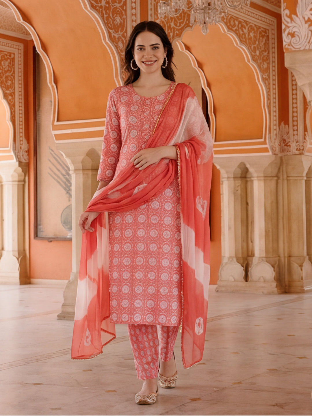 Ethnic Floral Printed Cotton Kurta Set With Dupatta