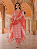 Ethnic Floral Printed Cotton Kurta Set With Dupatta