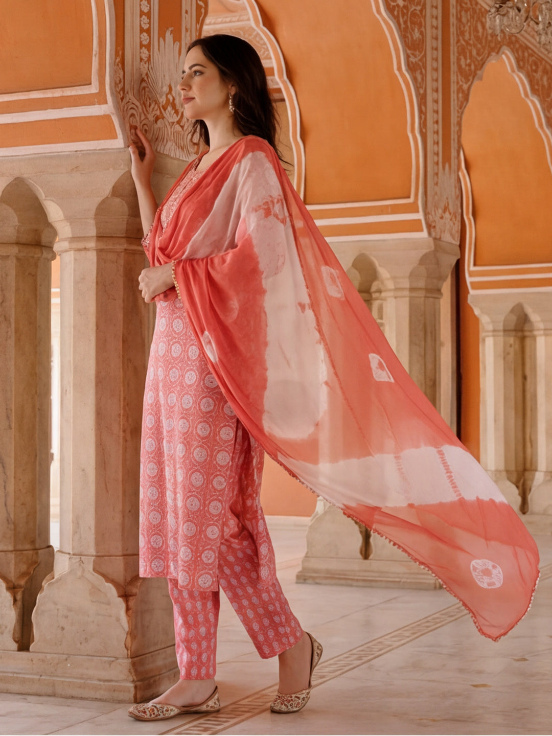 Ethnic Floral Printed Cotton Kurta Set With Dupatta