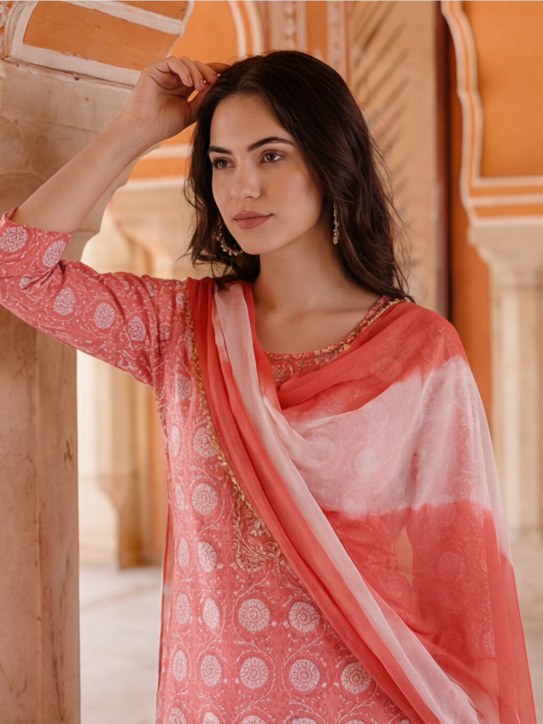 Ethnic Floral Printed Cotton Kurta Set With Dupatta