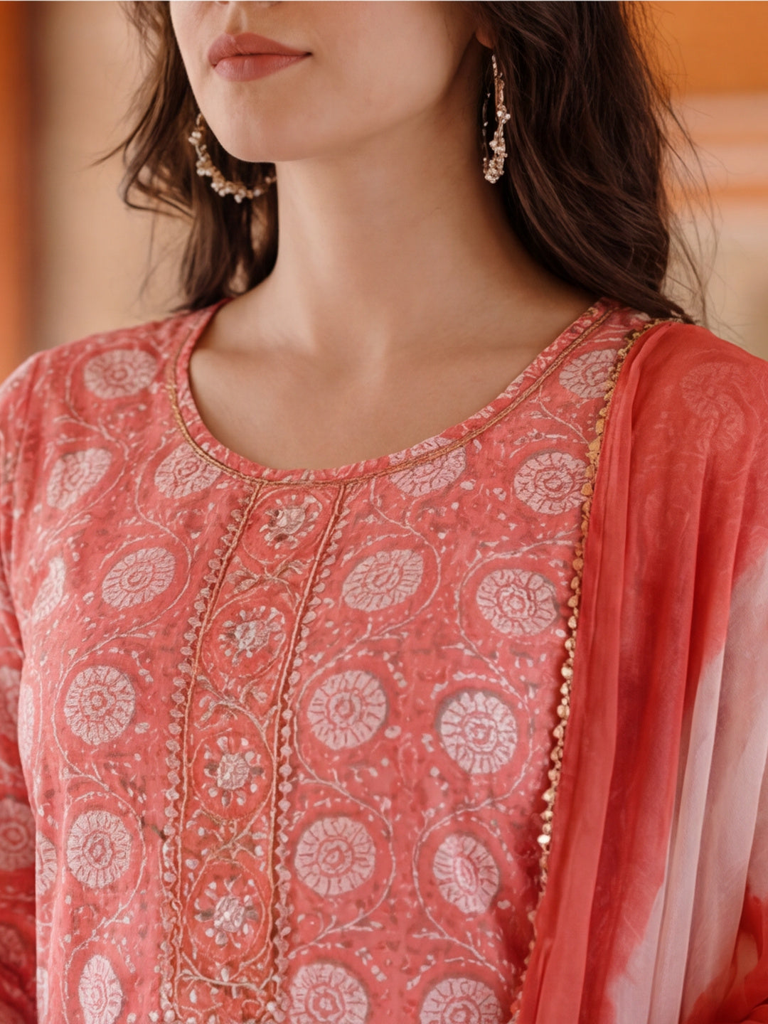 Ethnic Floral Printed Cotton Kurta Set With Dupatta