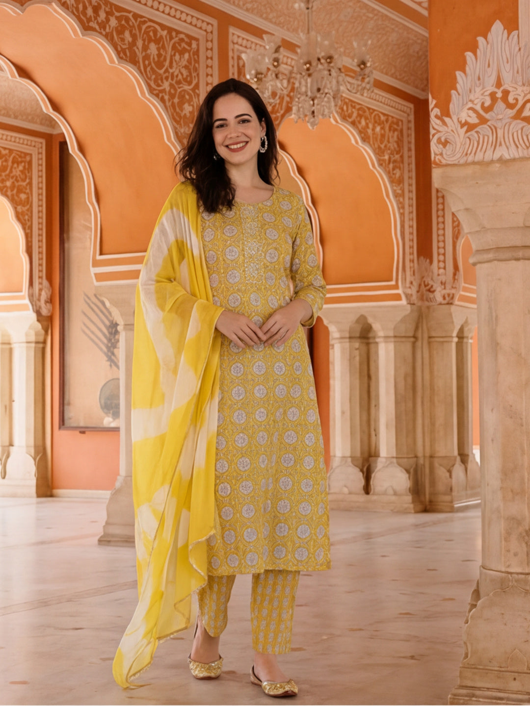 Yellow Ethnic Motif Cotton Kurta Set With Dupatta