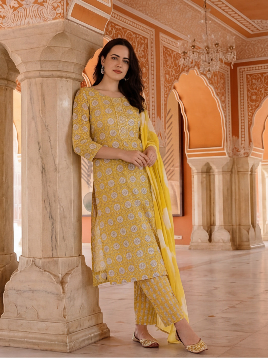 Yellow Ethnic Motif Cotton Kurta Set With Dupatta