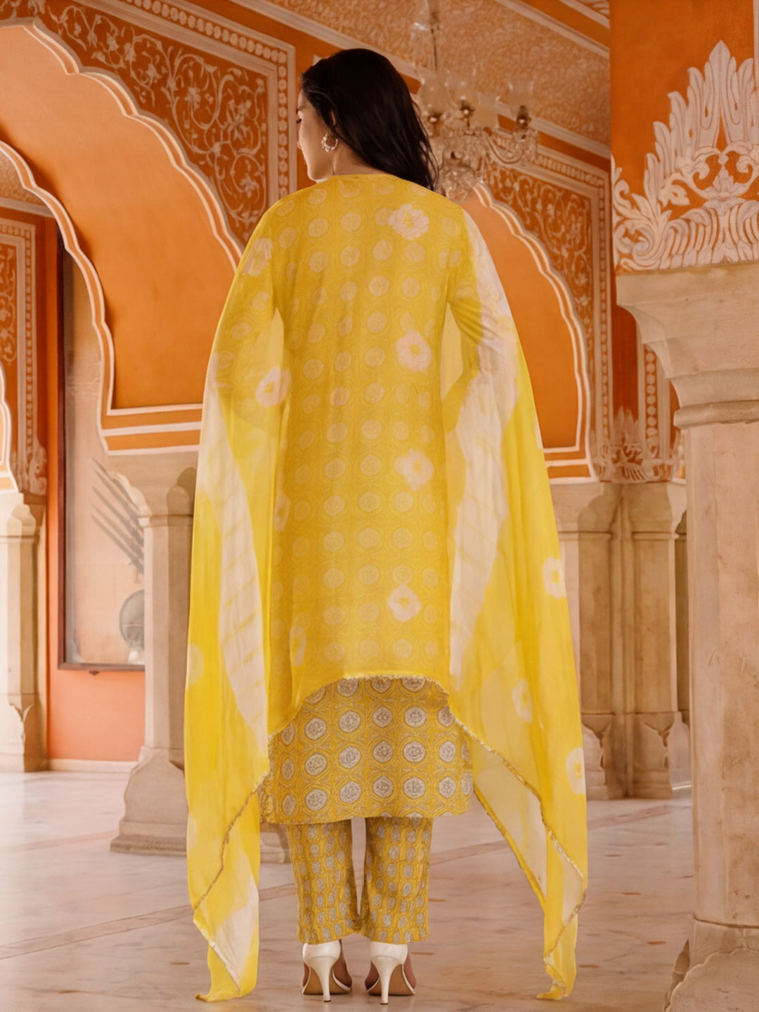 Yellow Ethnic Motif Cotton Kurta Set With Dupatta