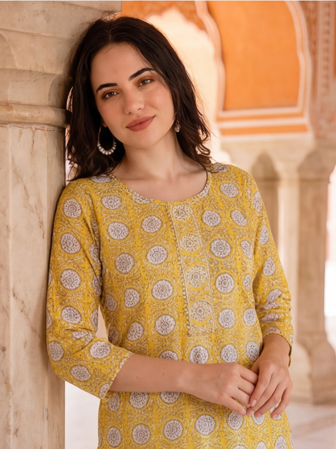 Yellow Ethnic Motif Cotton Kurta Set With Dupatta