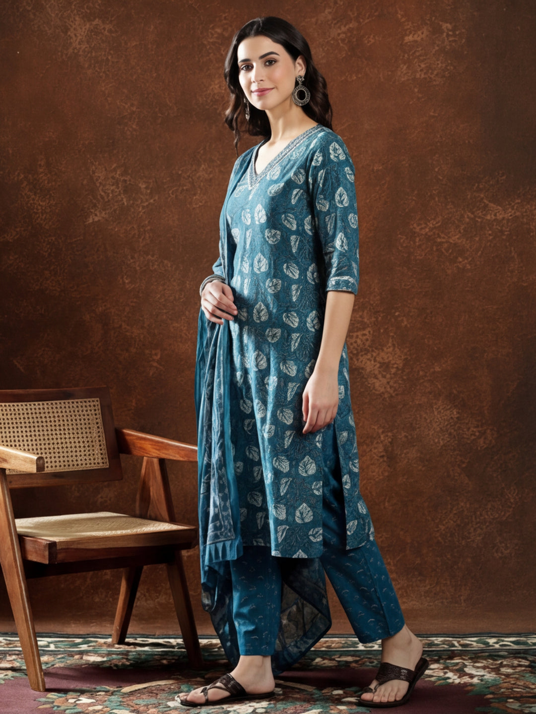 Floral Embroidered Straight Kurta & Trousers Sets