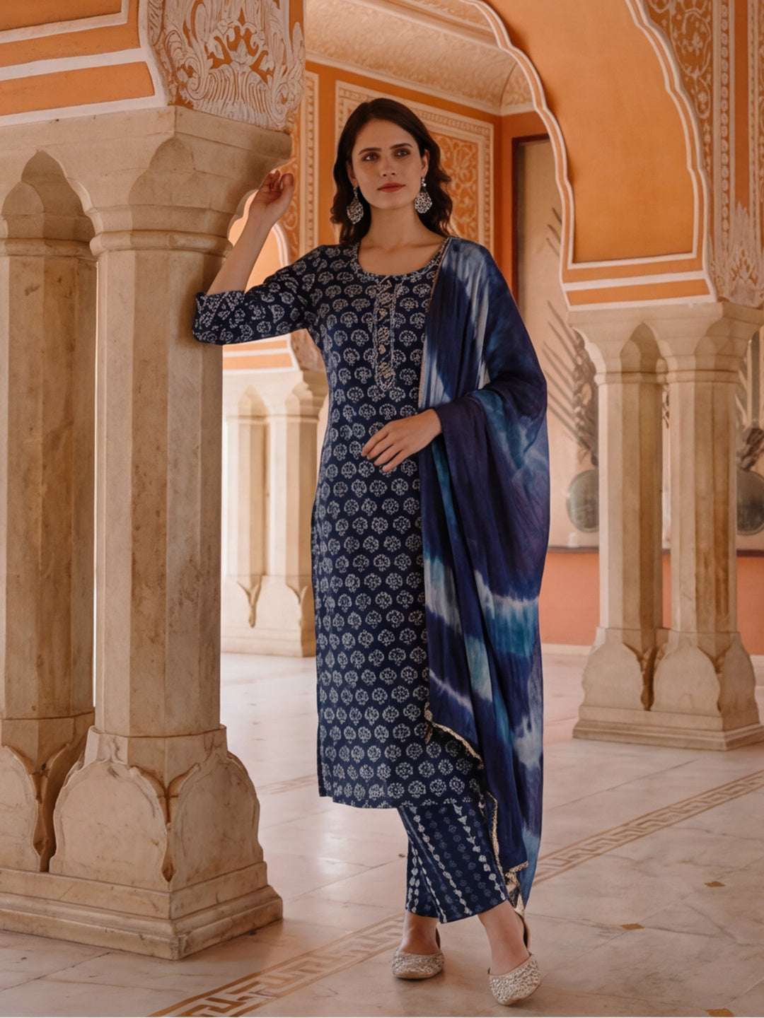 Floral Printed Thread Work Pure Cotton Kurta With Pant & Chiffon Dupatta