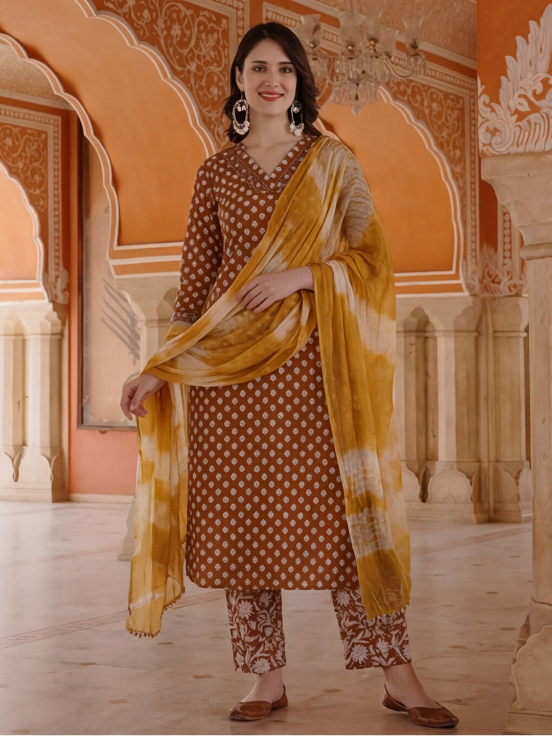 Floral Printed Thread Work Pure Cotton Kurta With Pant & Chiffon Dupatta