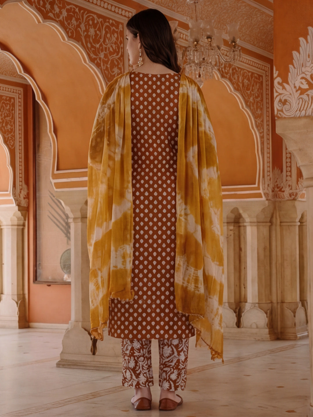 Floral Printed Thread Work Pure Cotton Kurta With Pant & Chiffon Dupatta