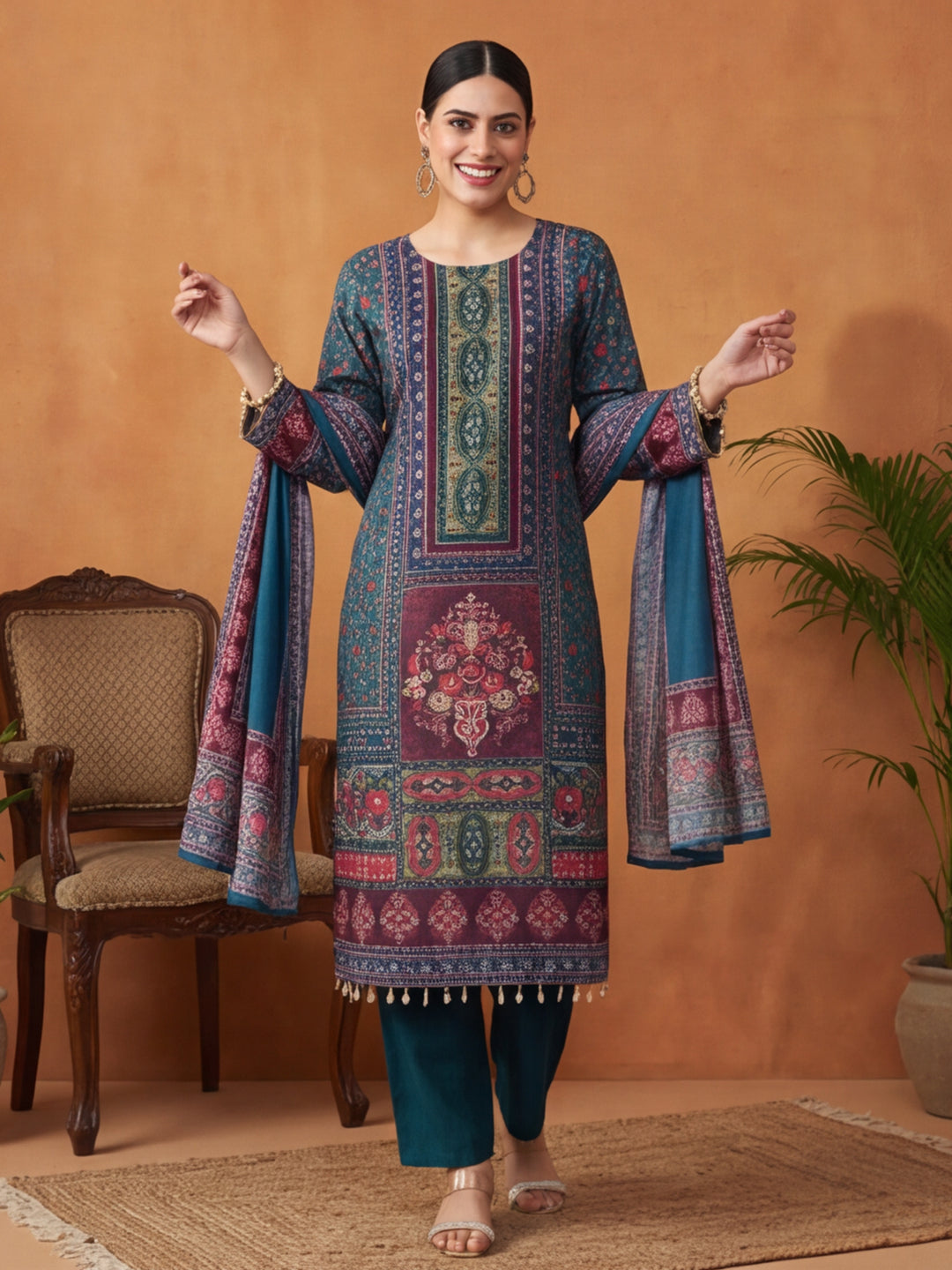 Floral Embroidered Straight Kurta & Trousers Sets