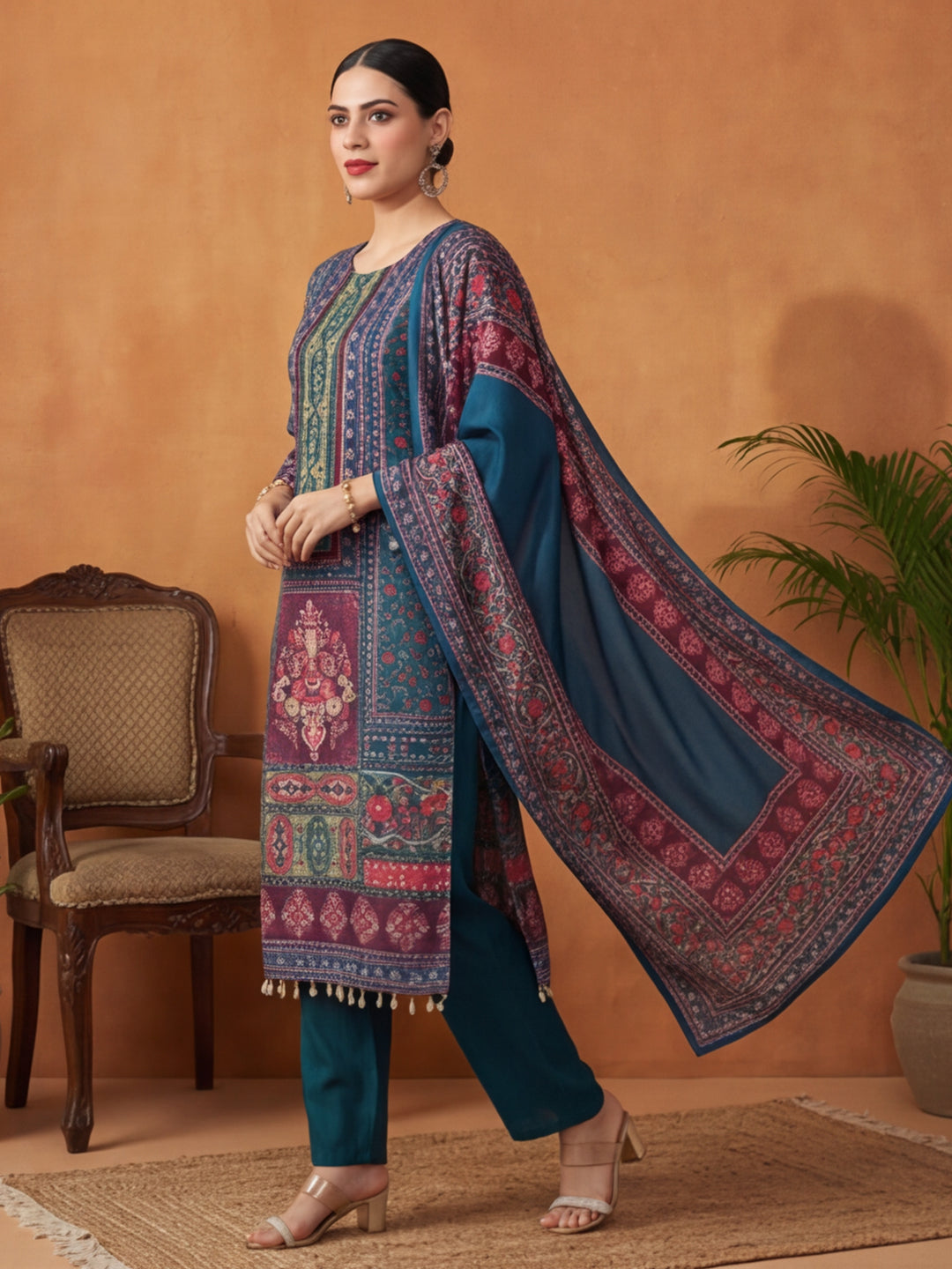 Floral Embroidered Straight Kurta & Trousers Sets