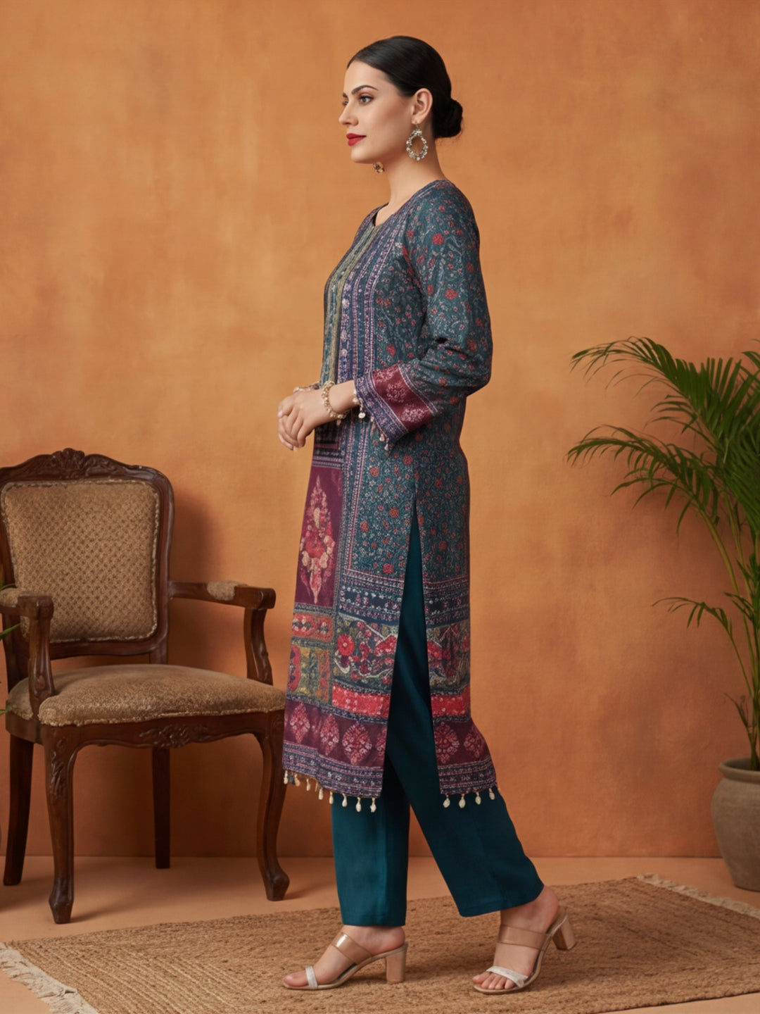 Floral Embroidered Straight Kurta & Trousers Sets