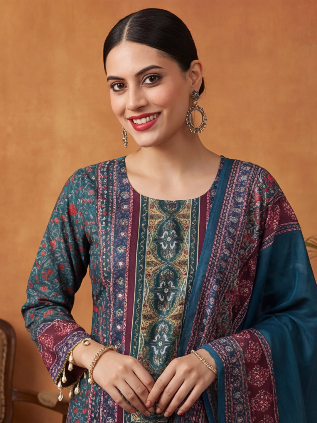 Floral Embroidered Straight Kurta & Trousers Sets