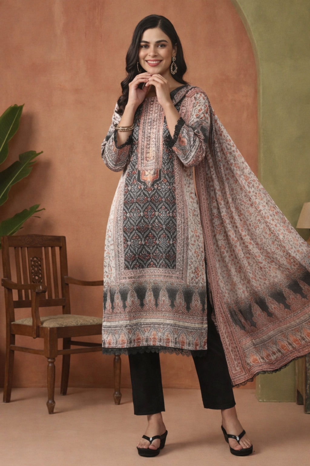 Floral Embroidered Straight Kurta & Trousers Sets