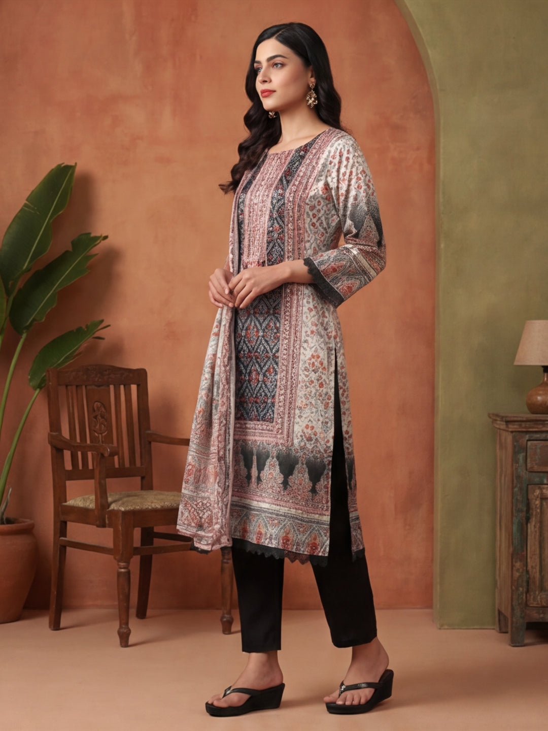 Floral Embroidered Straight Kurta & Trousers Sets