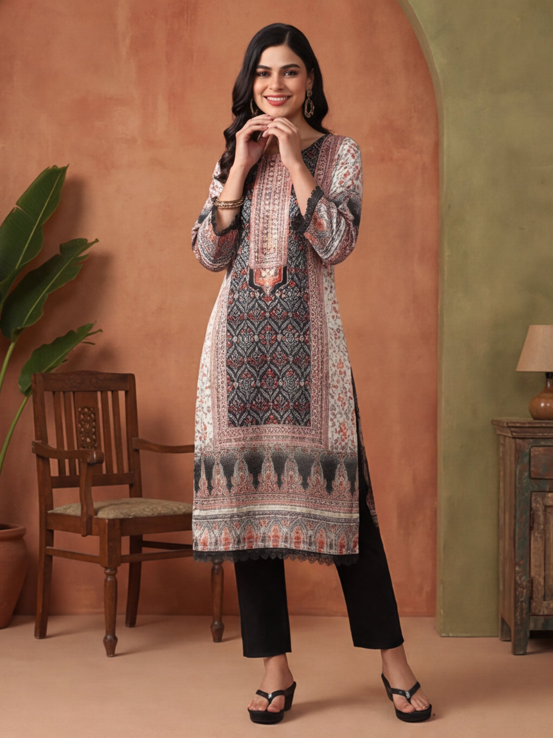 Floral Embroidered Straight Kurta & Trousers Sets