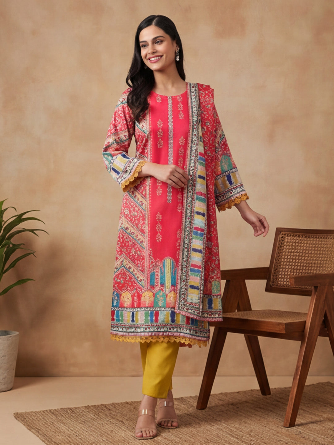 Floral Embroidered Straight Kurta & Trousers Sets