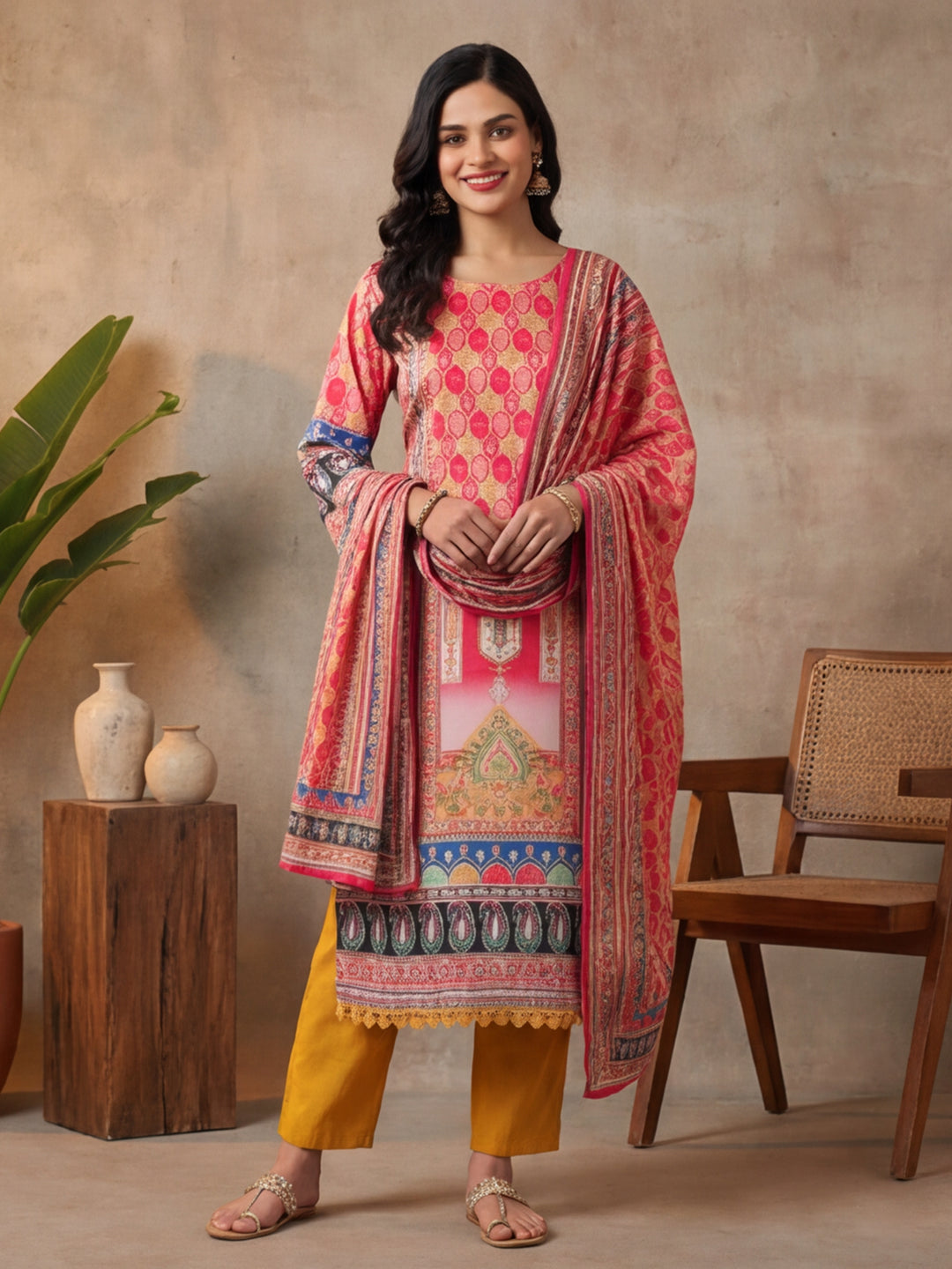 Floral Embroidered Straight Kurta & Trousers Sets