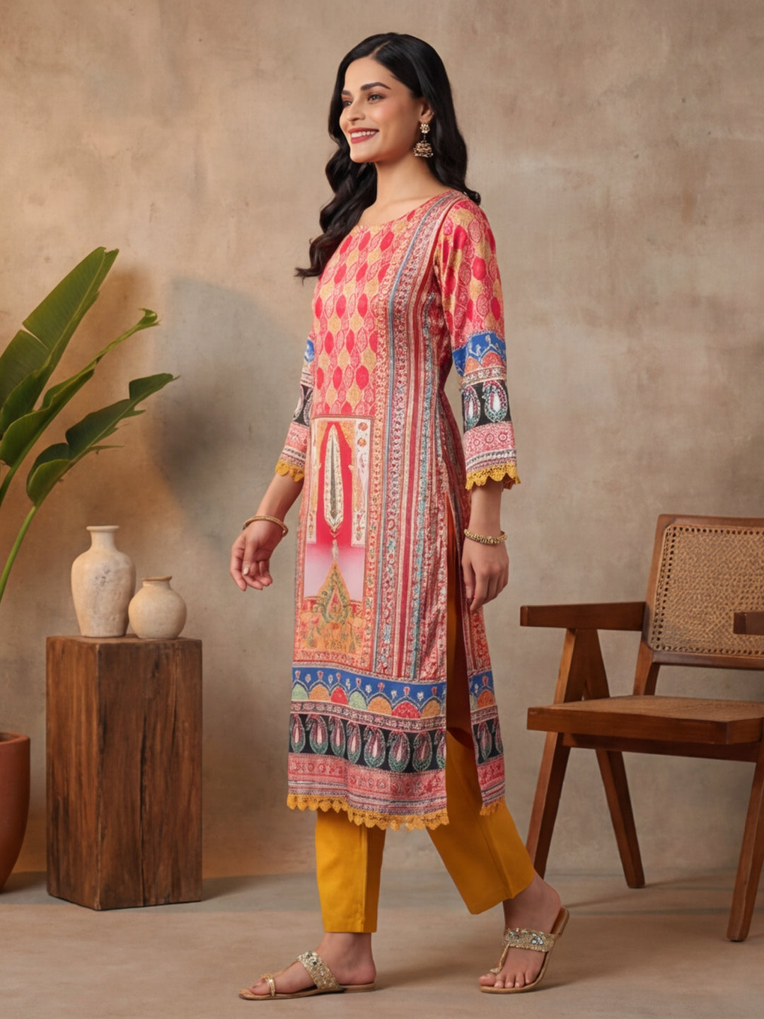 Floral Embroidered Straight Kurta & Trousers Sets