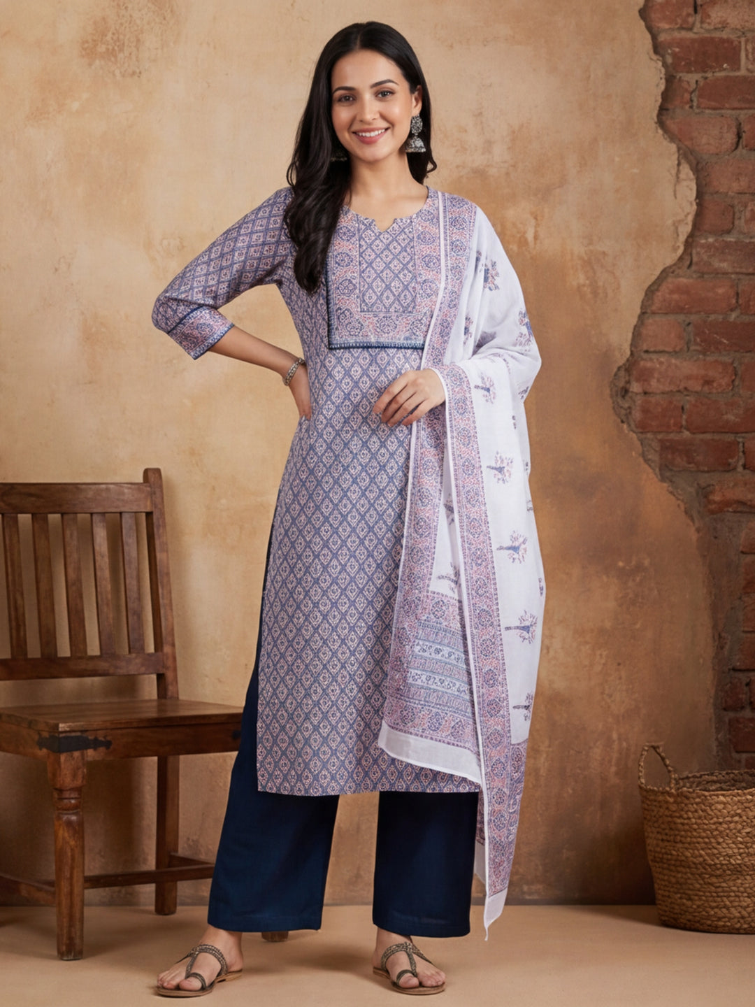Ethnic Motifs Printed Straight Kurta & Trousers Sets
