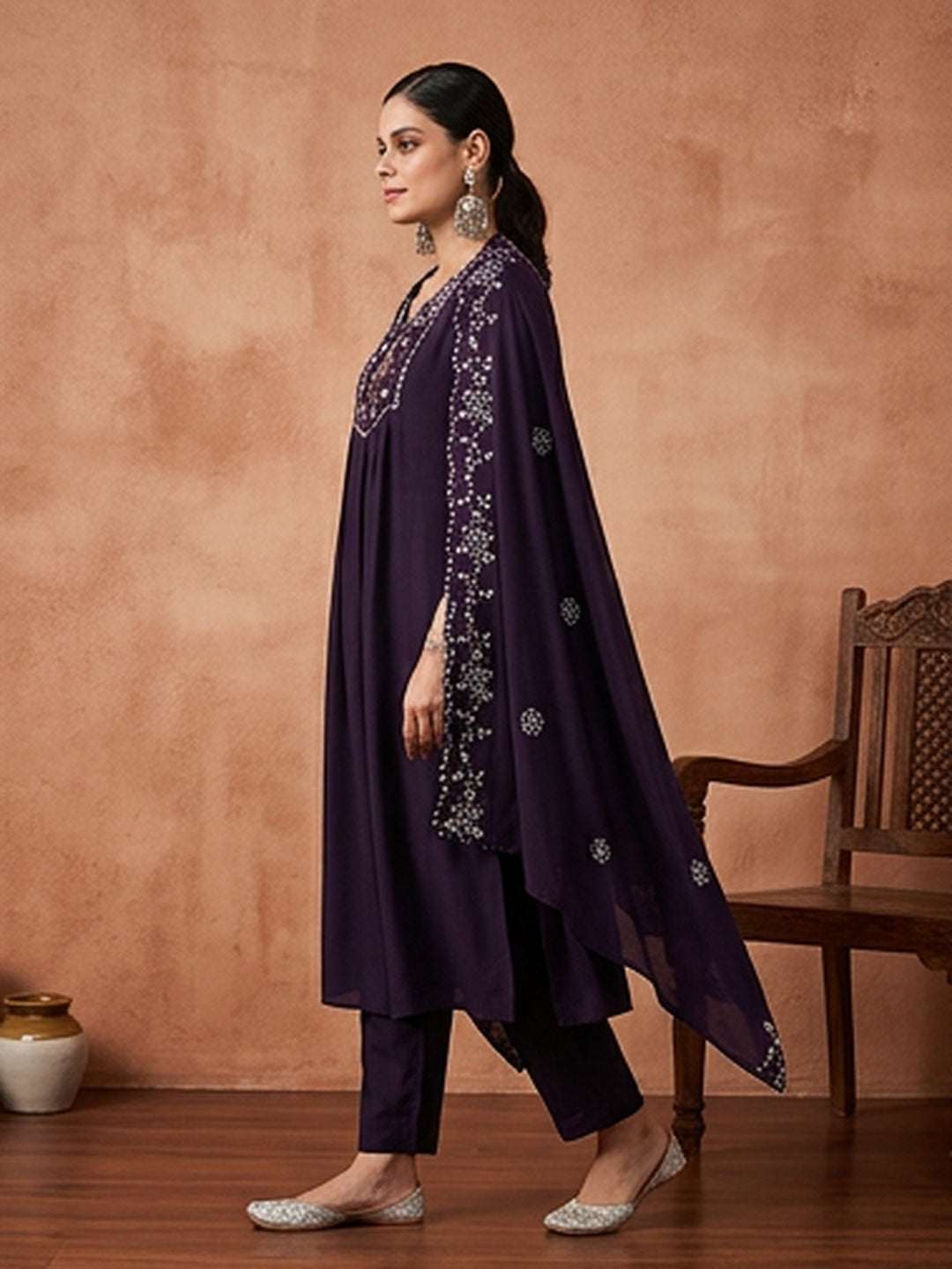 Floral Embroidered Flared Kurta & Trousers Sets
