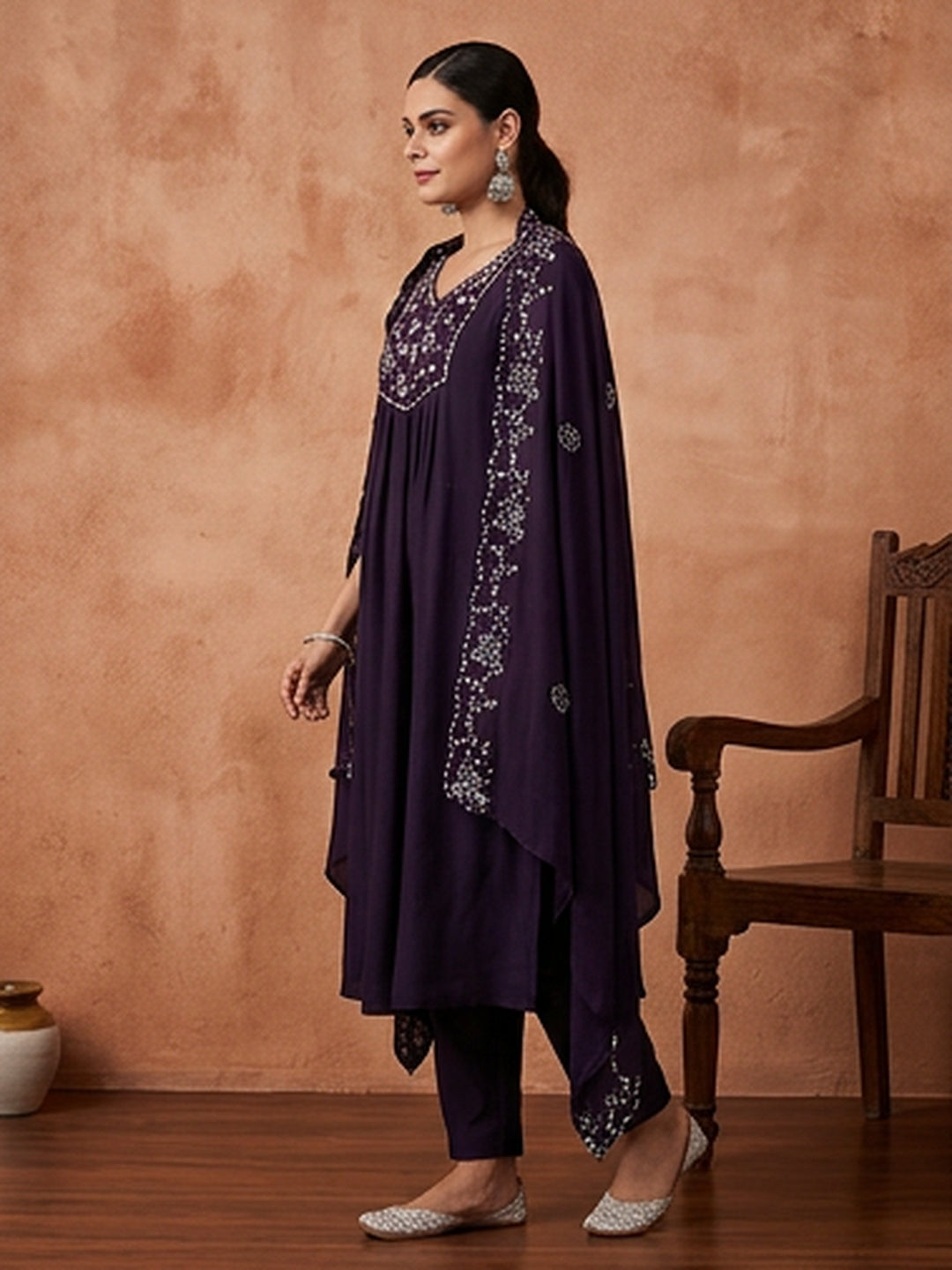 Floral Embroidered Flared Kurta & Trousers Sets