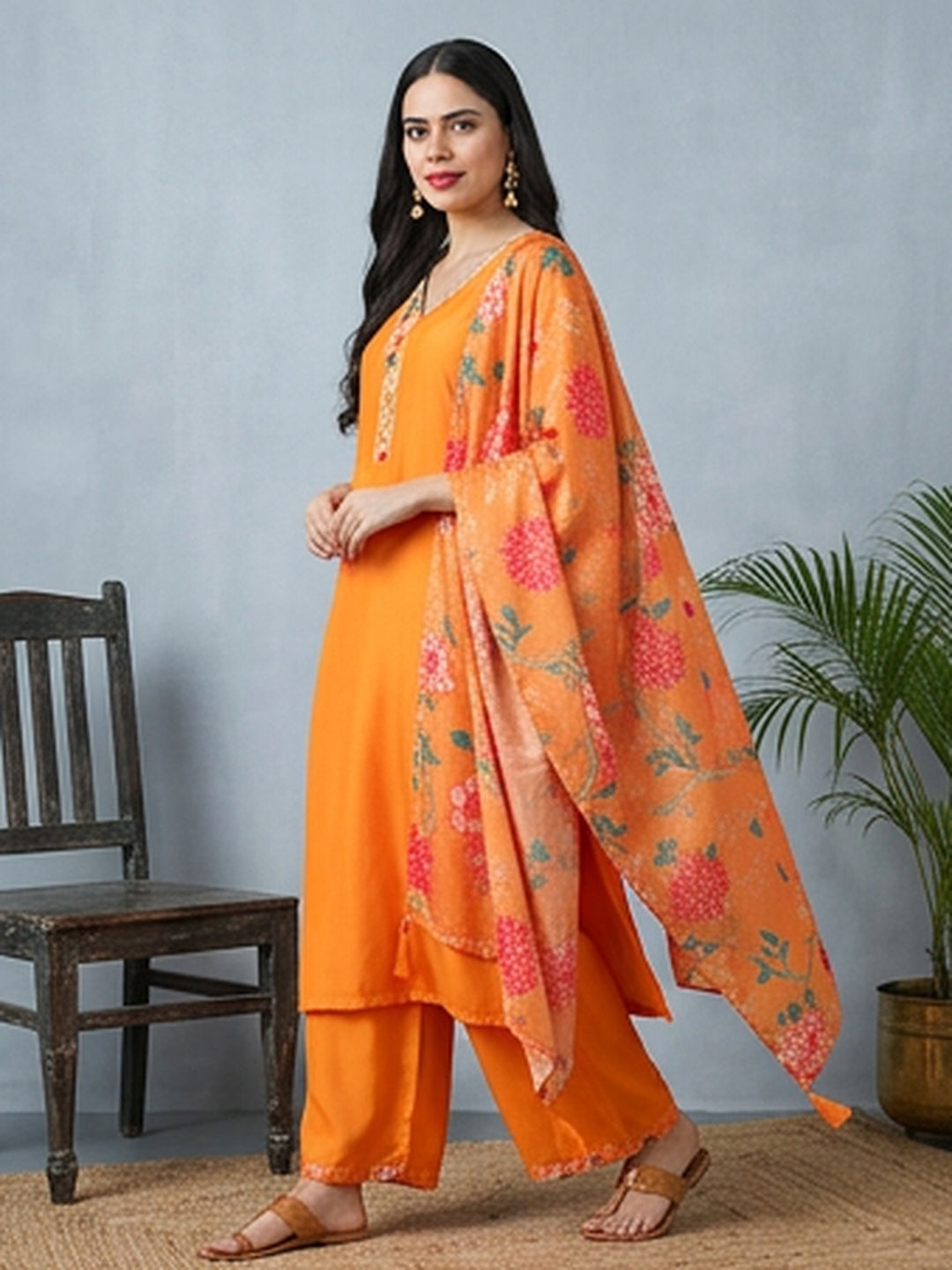 Floral Embroidered Straight Kurta & Trousers Sets