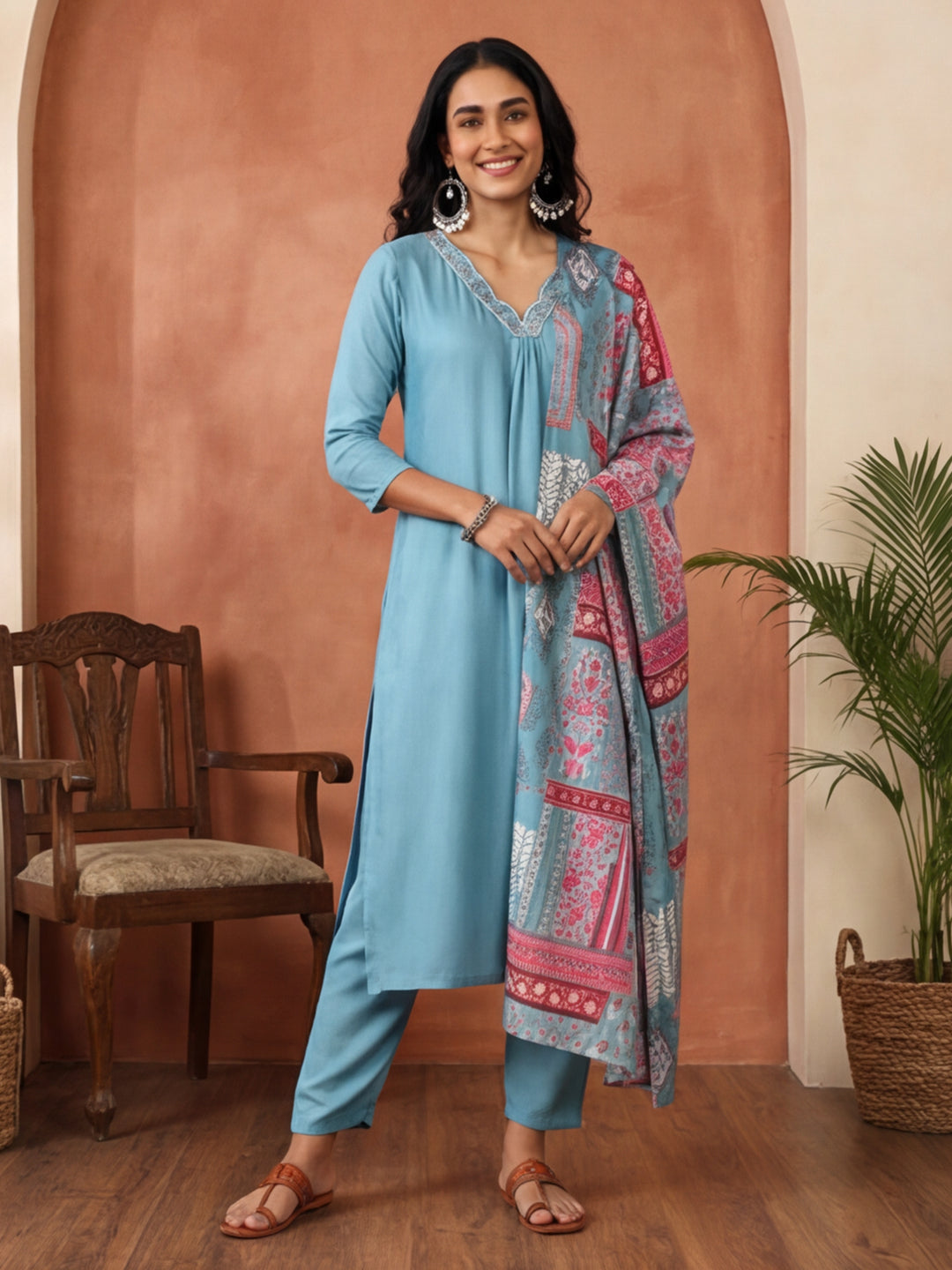 Solid Embroidered Straight Kurta & Trousers Sets