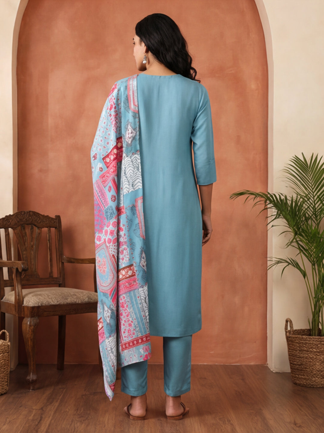 Solid Embroidered Straight Kurta & Trousers Sets