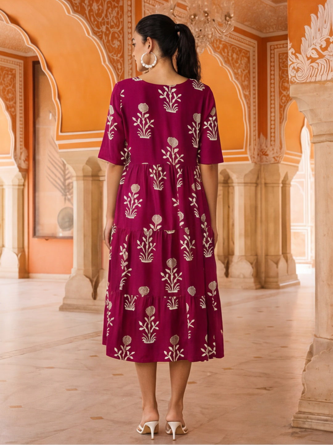 Floral Printed A-Line Tiered Ethnic Dress