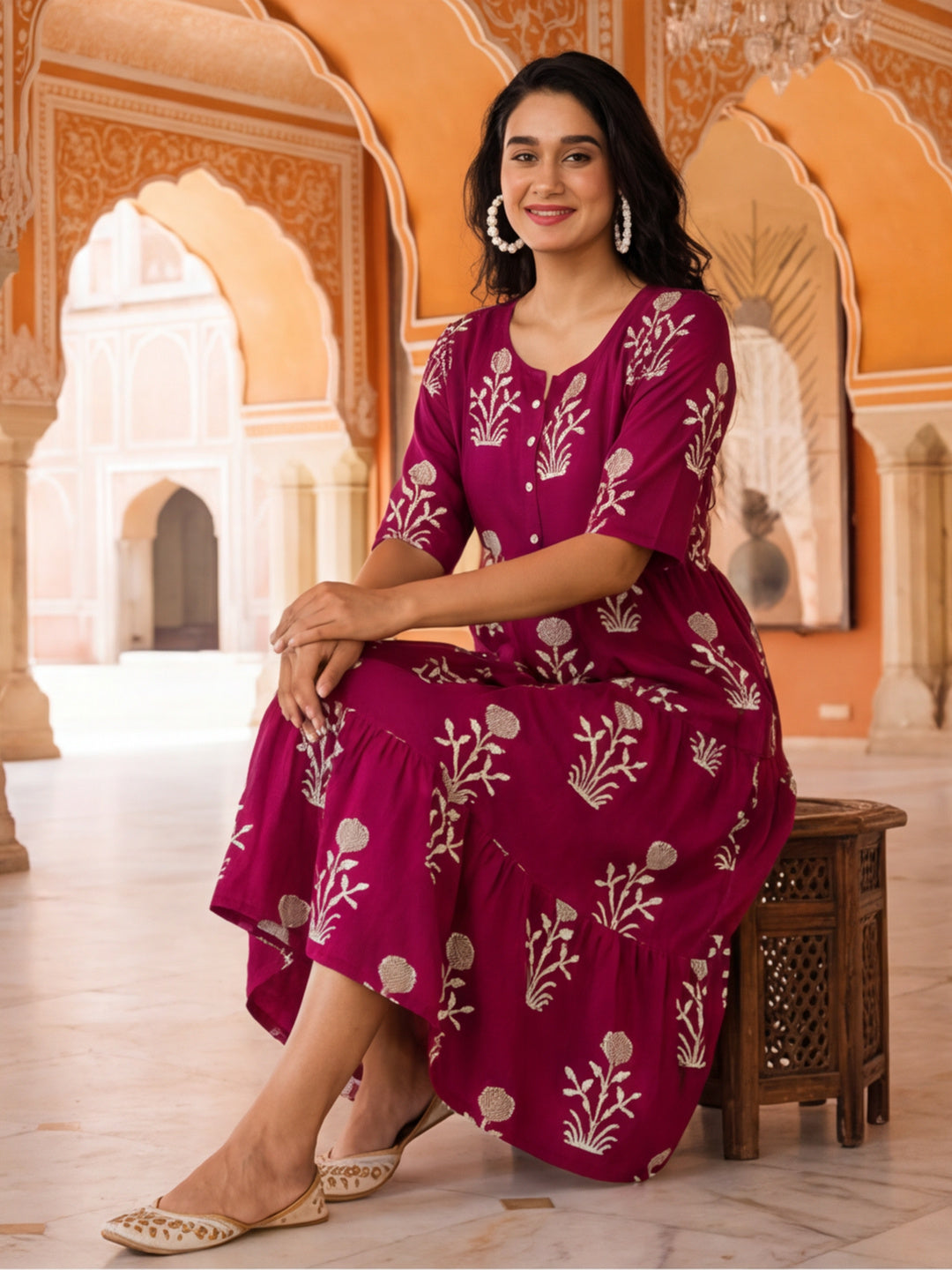 Floral Printed A-Line Tiered Ethnic Dress