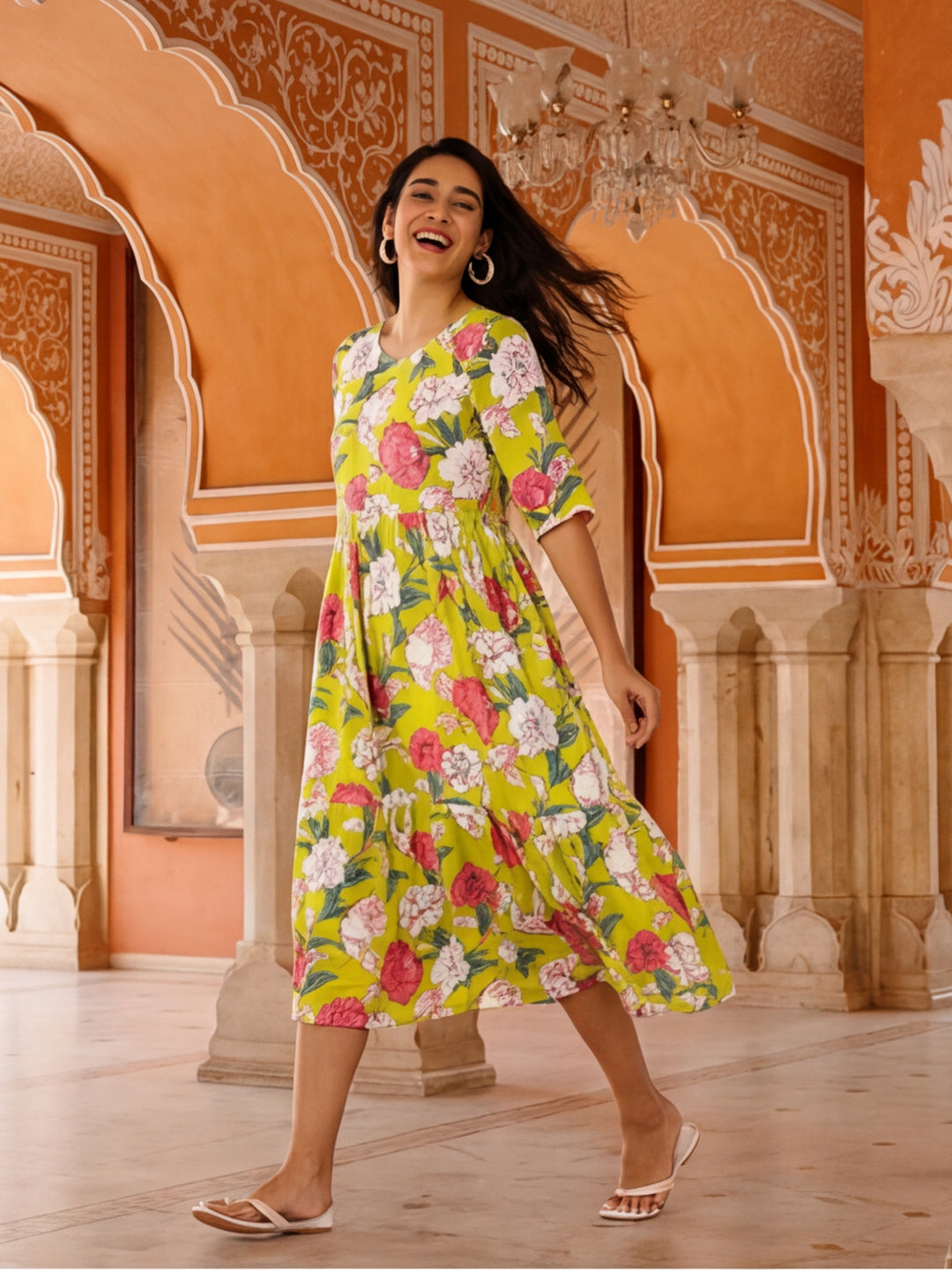 Floral Printed A-Line Tiered Ethnic Dress