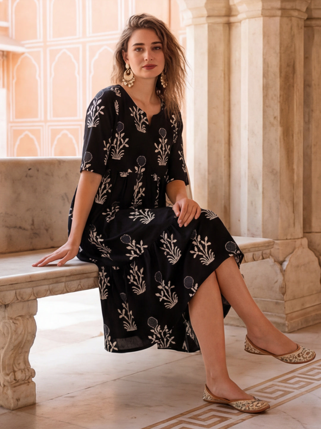 Floral Printed A-Line Tiered Ethnic Dress