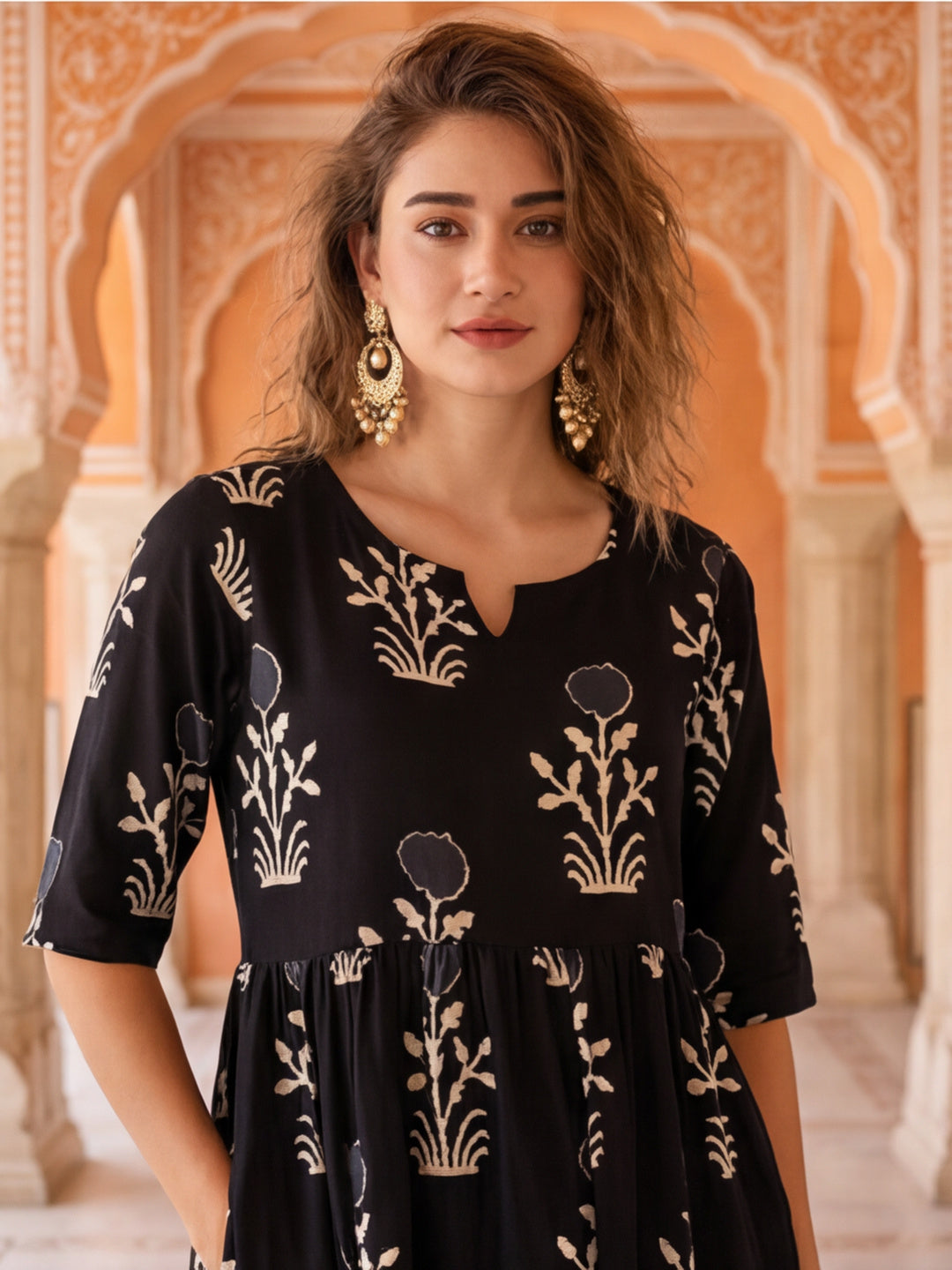 Floral Printed A-Line Tiered Ethnic Dress