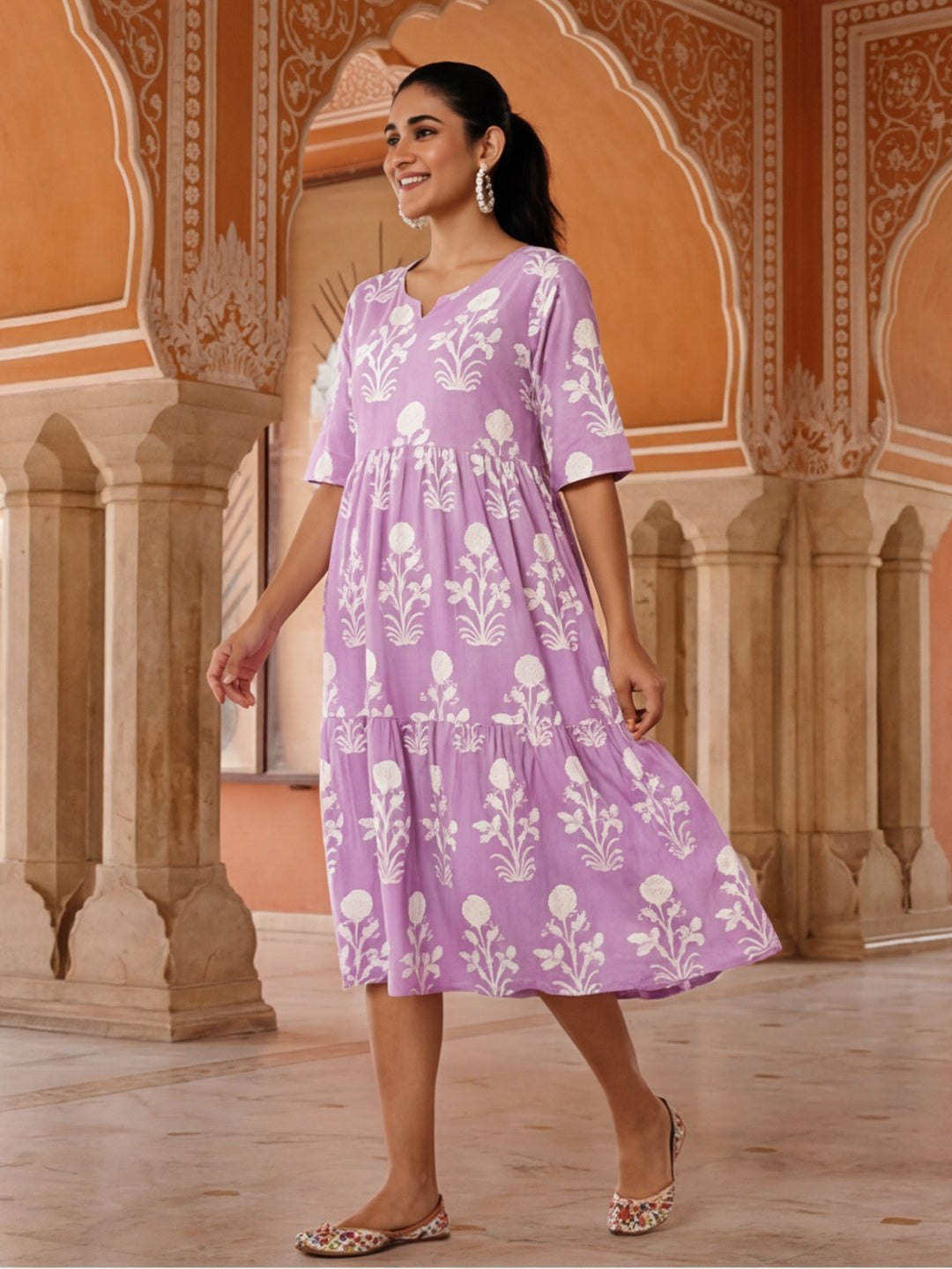 Floral Printed A-Line Tiered Ethnic Dress